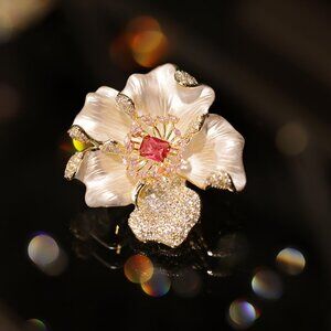 Stunning Enamel Petal & Red Gem Floral Brooch Pin